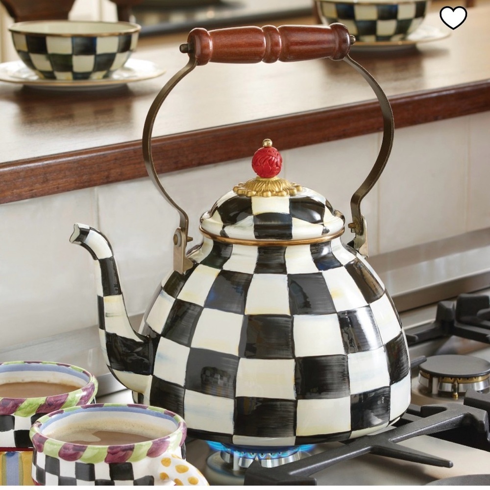 MacKenzie-Childs Courtly Check Tea Kettle Checkered Teapot Wooden Handle 3qt - Picture 4 of 5